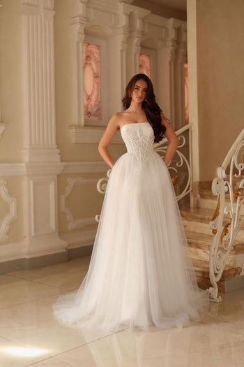 Off-White Strapless Corset A-Line Wedding Dress with Pockets and Sweep Train by Tina Holly TE713