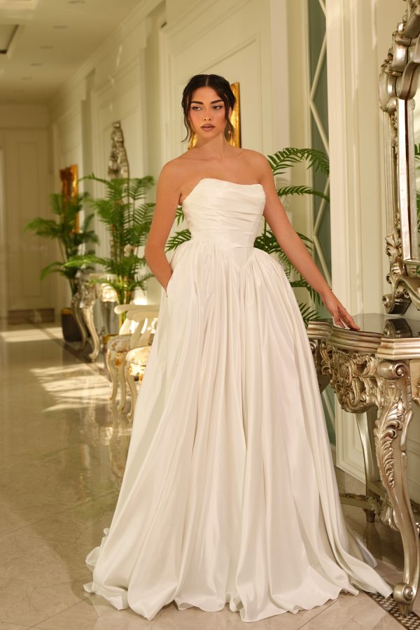 Strapless Sweetheart Ruched Satin A-Line Wedding Dress with Pockets & Train by Tina Holly TE810