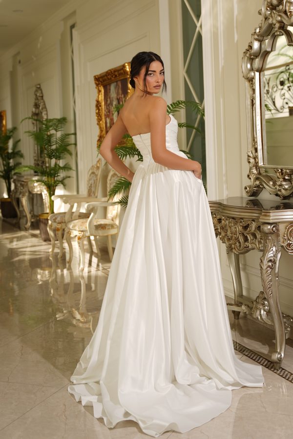 Strapless Sweetheart Ruched Satin A-Line Wedding Dress with Pockets & Train by Tina Holly TE810
