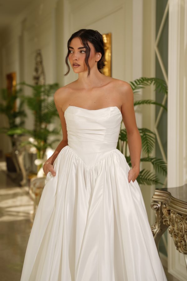 Strapless Sweetheart Ruched Satin A-Line Wedding Dress with Pockets & Train by Tina Holly TE810