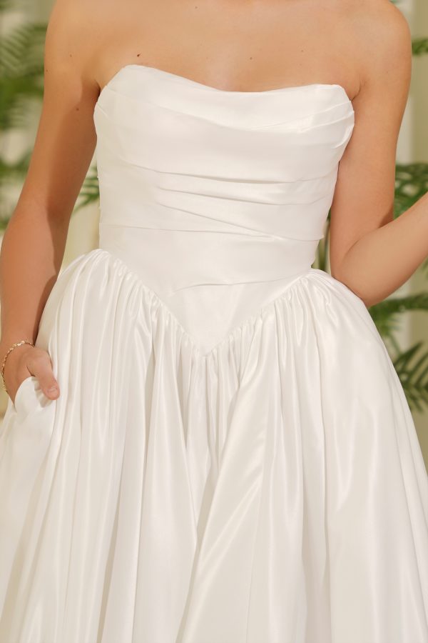 Strapless Sweetheart Ruched Satin A-Line Wedding Dress with Pockets & Train by Tina Holly TE810