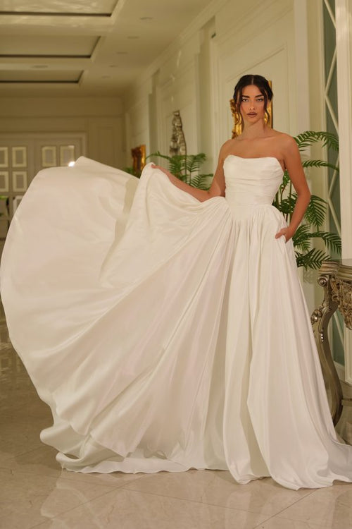 Strapless Sweetheart Ruched Satin A-Line Wedding Dress with Pockets & Train by Tina Holly TE810