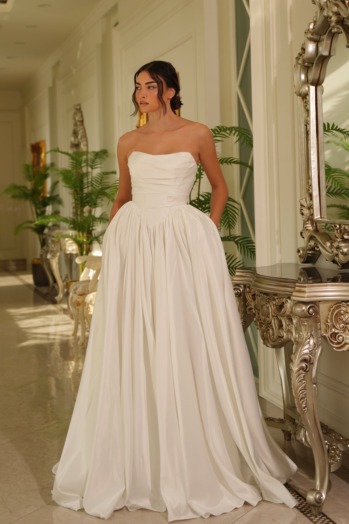 Strapless Sweetheart Ruched Satin A-Line Wedding Dress with Pockets & Train by Tina Holly TE810