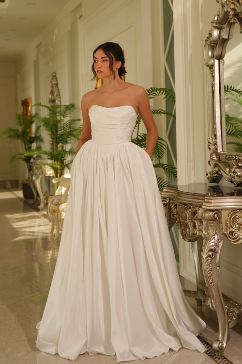 Strapless Sweetheart Ruched Satin A-Line Wedding Dress with Pockets & Train by Tina Holly TE810