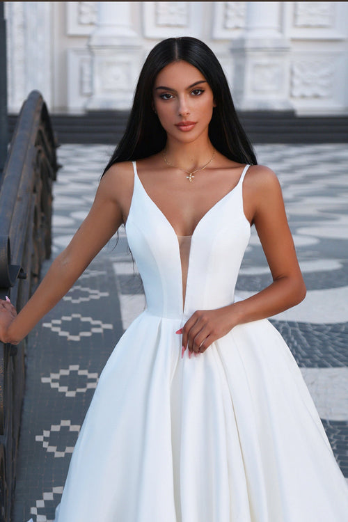 Tina Holly TF002 Wedding A-Line Spaghetti Strap High Slit Mikado Dress