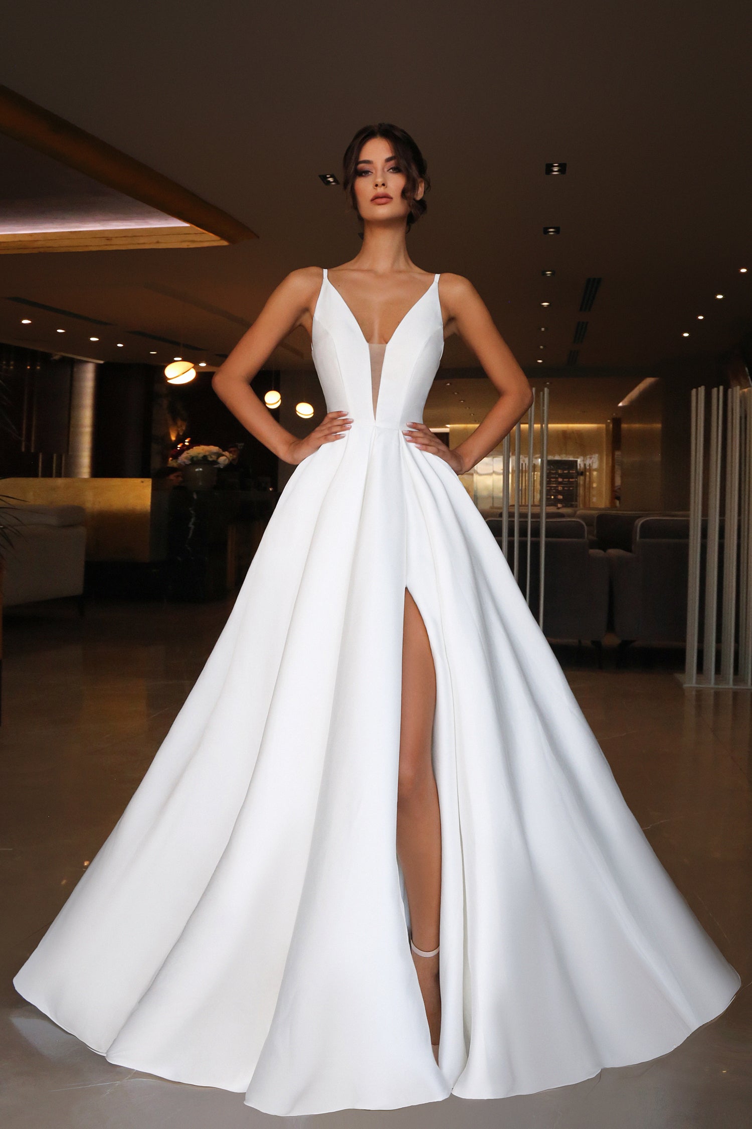 Tina Holly TF002 Wedding A-Line Spaghetti Strap High Slit Mikado Dress