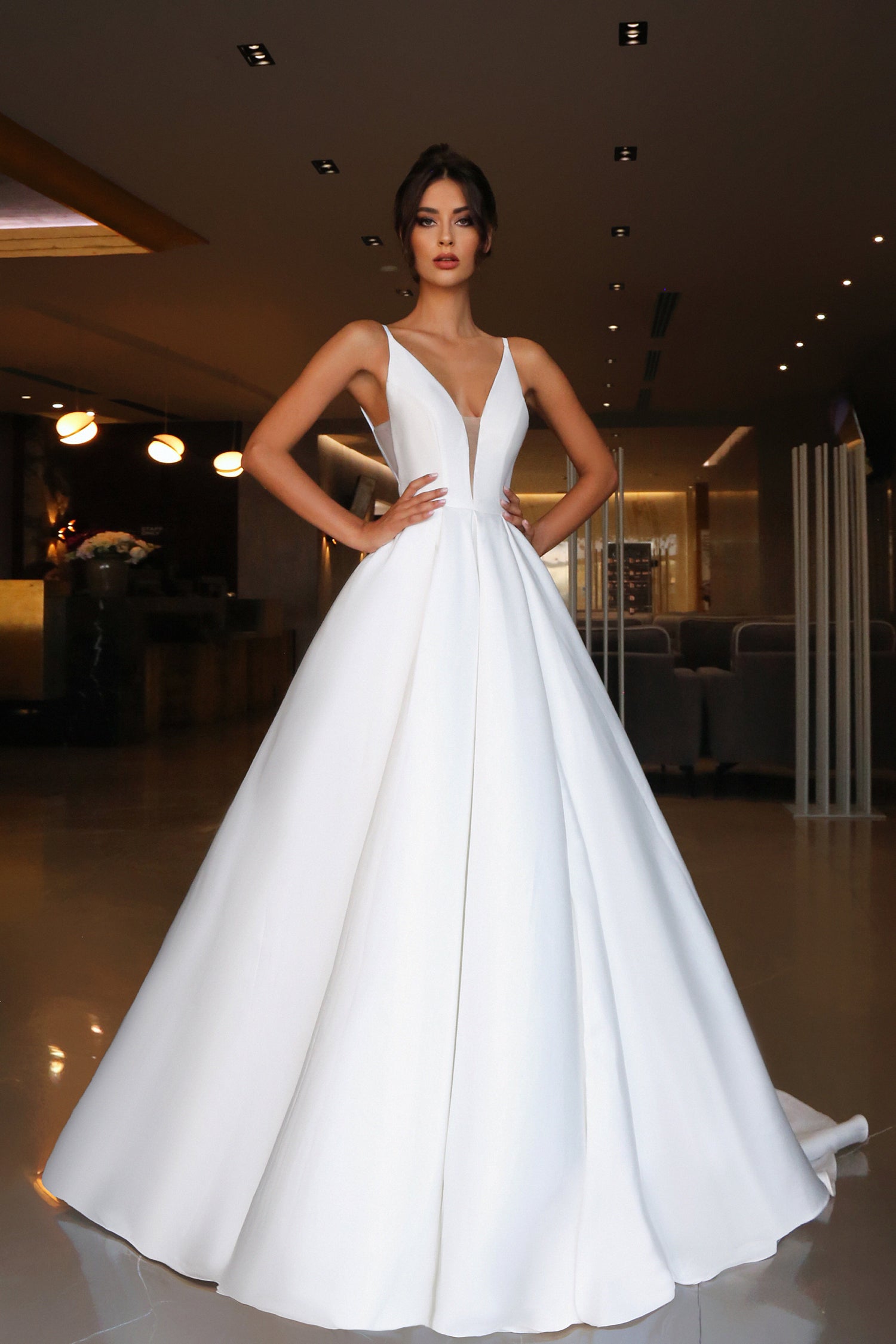 Tina Holly TF002 Wedding A-Line Spaghetti Strap High Slit Mikado Dress