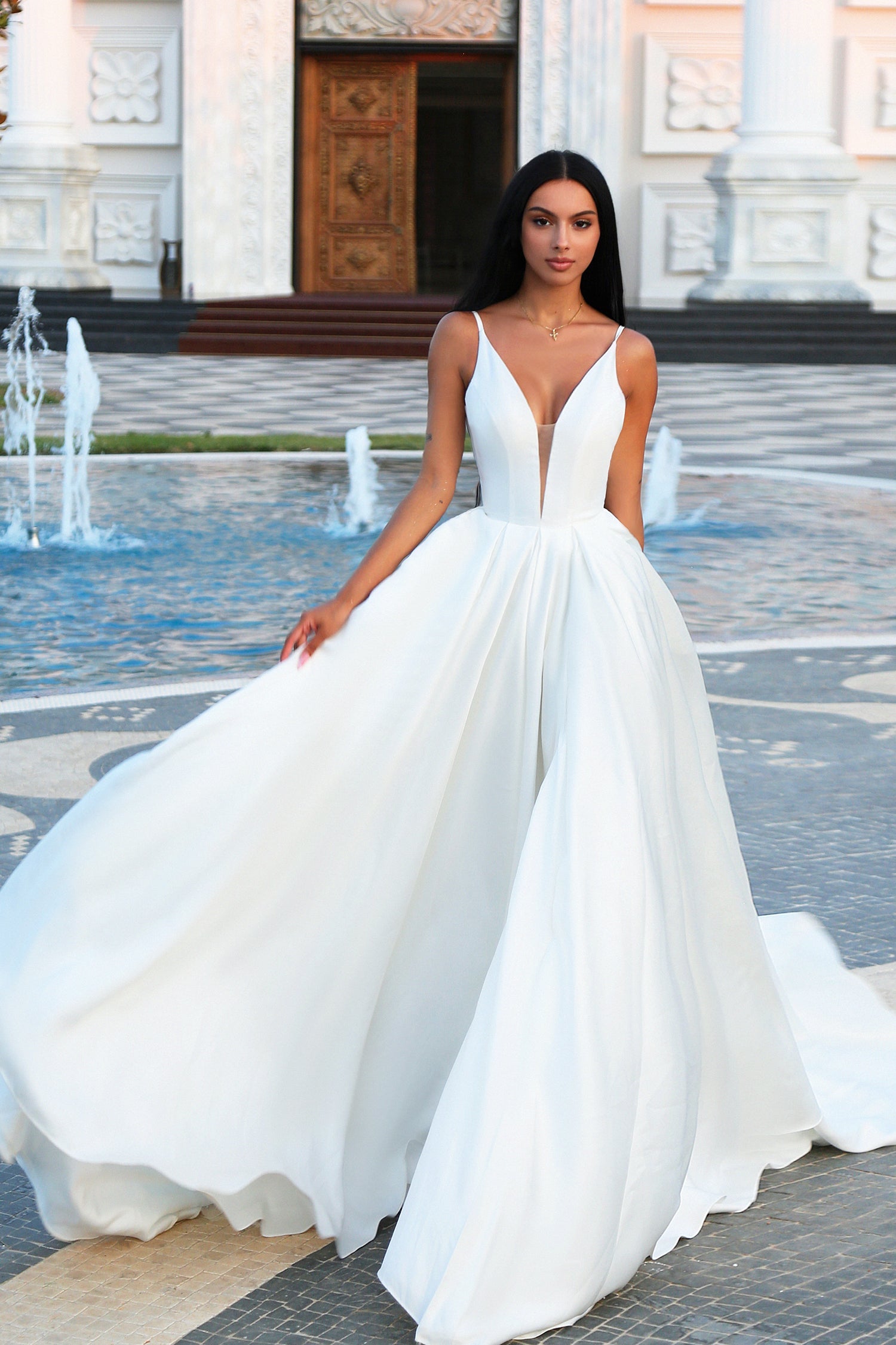 Tina Holly TF002 Wedding A-Line Spaghetti Strap High Slit Mikado Dress