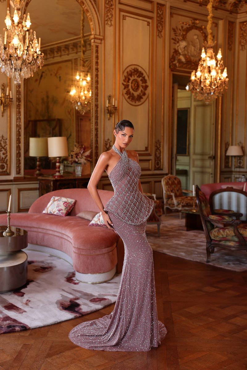 Halter Neck Beaded Sheath Evening Gown
