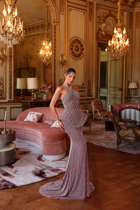 Chic and Holland HF110668 Halter Neck Beaded Sheath Evening Gown