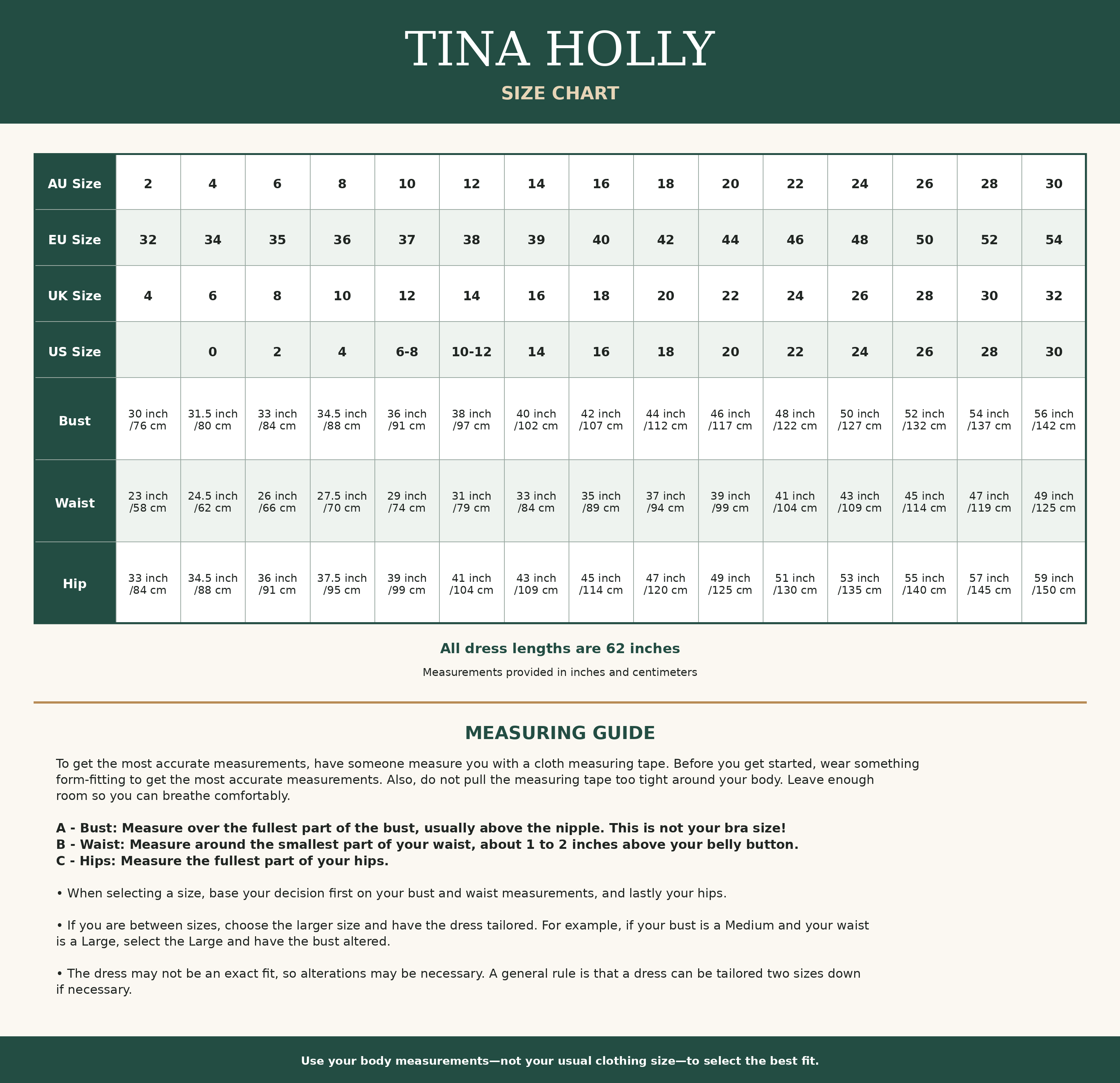 Tina Holly Size Chart
