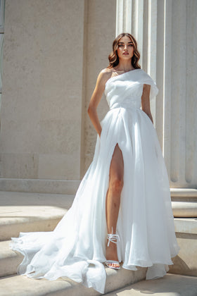 Tina Holly TK012W Wedding A-Line Off-Shoulder High Slit Organza Dress