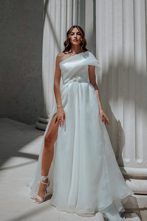 Tina Holly TK012W Wedding A-Line Off-Shoulder High Slit Organza Dress