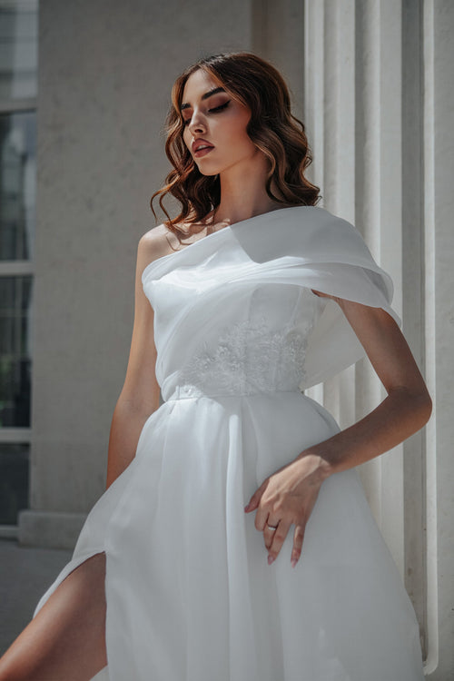 Tina Holly TK012W Wedding A-Line Off-Shoulder High Slit Organza Dress