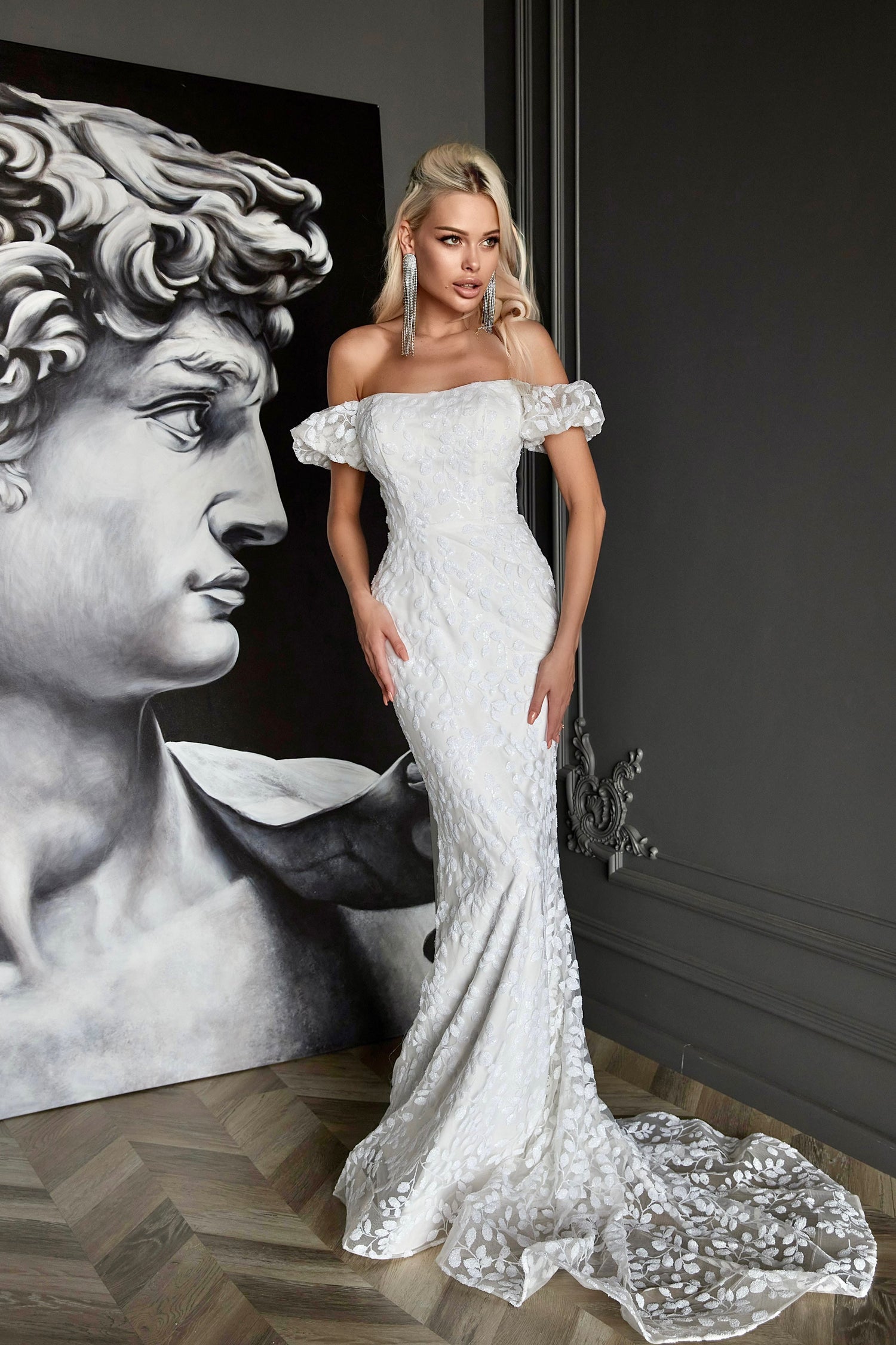 Tina Holly TK024W Wedding Mermaid Off-Shoulder Evening Sequin Dress