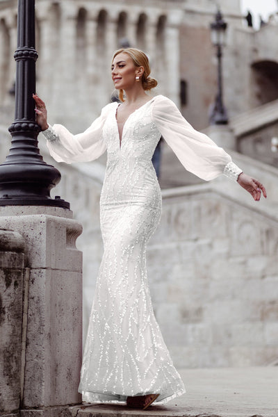 Prom Dresses Beaded Mermaid Long Formal Prom Dress  White
