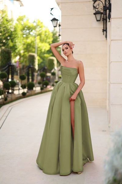 Prom Dresses Ball Gown Long Slit Formal Prom Dress Olive