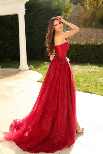 Strapless A-Line Glitter Tulle Gown with High Slit Formal Evening Prom Dress by Tina Holly TK801