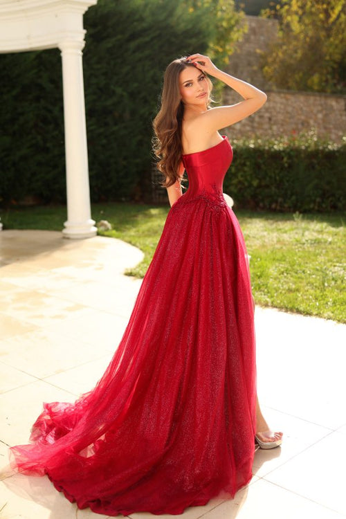 Strapless A-Line Glitter Tulle Gown with High Slit Formal Evening Prom Dress by Tina Holly TK801