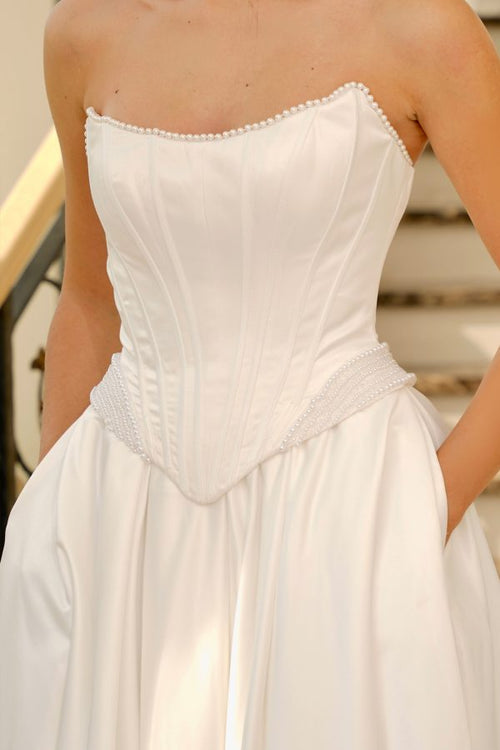 Strapless Corset Wedding Dress Satin A-Line Bridal Gown with Slit & Pockets by Tina Holly TK803