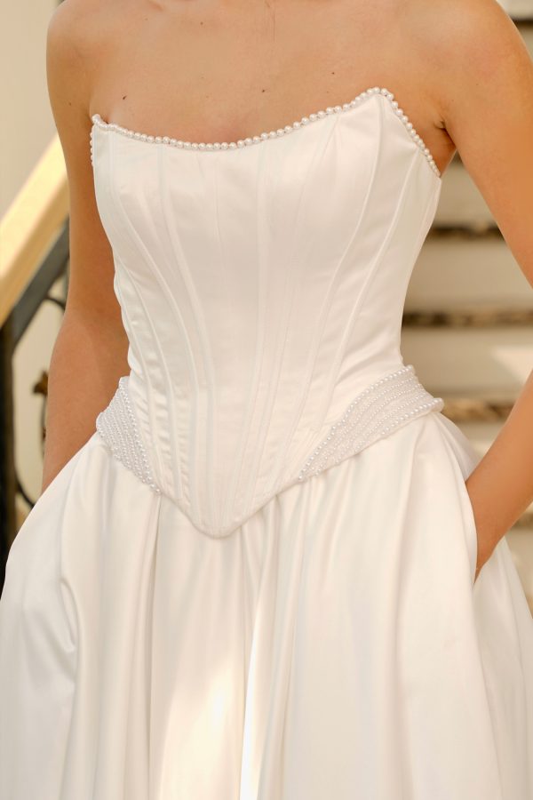 Strapless Corset Wedding Dress Satin A-Line Bridal Gown with Slit & Pockets by Tina Holly TK803
