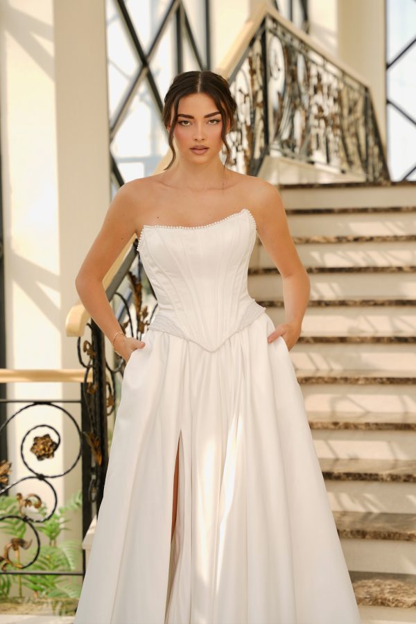 Strapless Corset Wedding Dress Satin A-Line Bridal Gown with Slit & Pockets by Tina Holly TK803