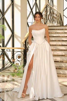 Strapless Corset Wedding Dress Satin A-Line Bridal Gown with Slit & Pockets by Tina Holly TK803