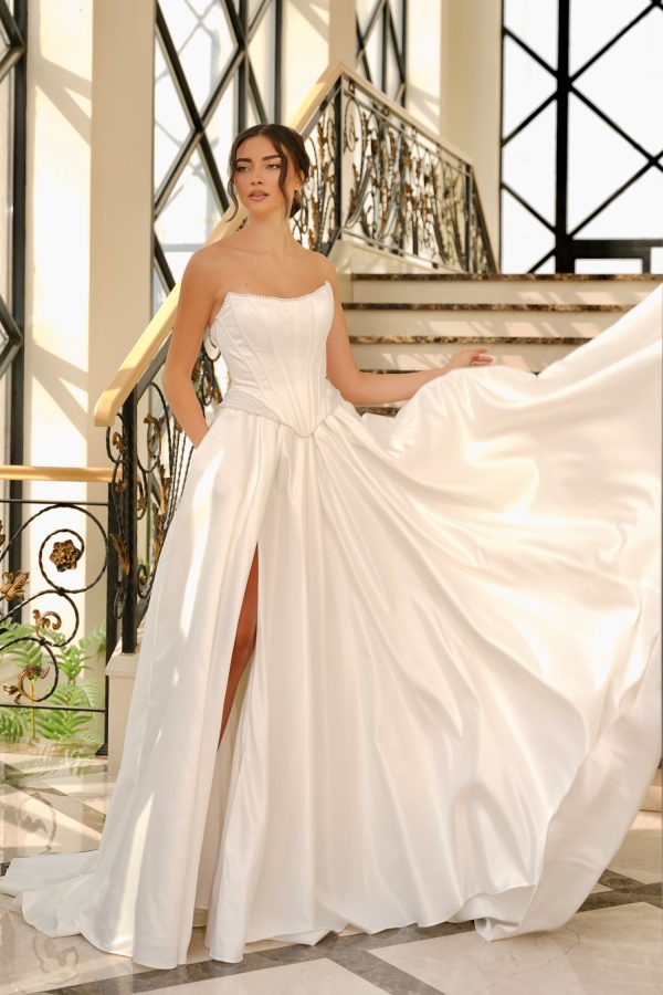 Strapless Corset Wedding Dress Satin A-Line Bridal Gown with Slit & Pockets by Tina Holly TK803