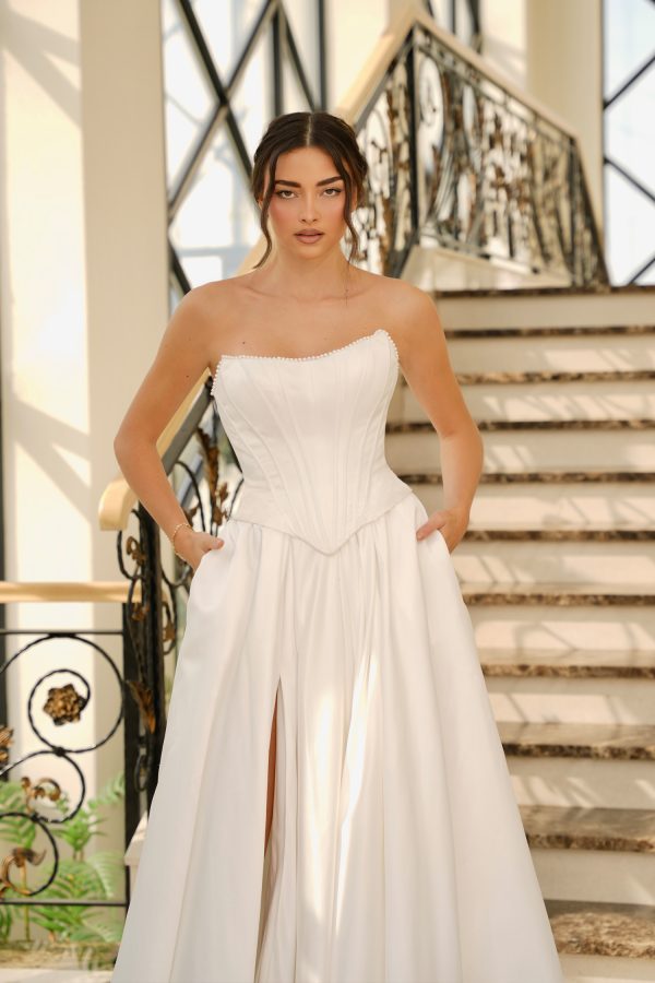 Strapless Corset Wedding Dress Satin A-Line Bridal Gown with Slit & Pockets by Tina Holly TK803