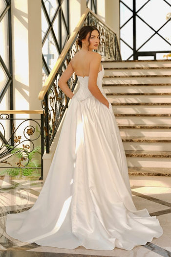 Strapless Corset Wedding Dress Satin A-Line Bridal Gown with Slit & Pockets by Tina Holly TK803