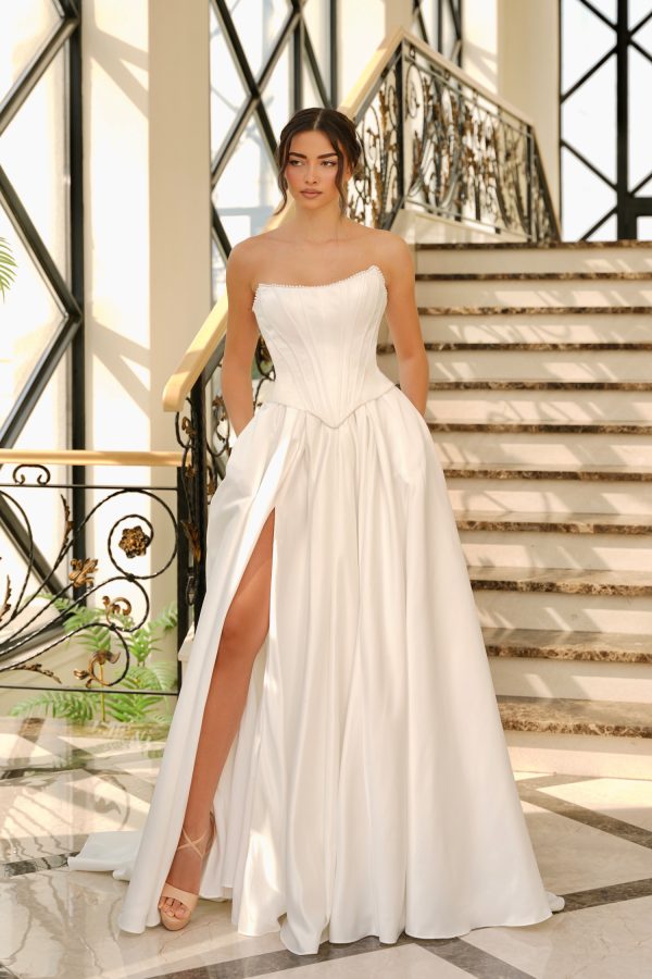 Strapless Corset Wedding Dress Satin A-Line Bridal Gown with Slit & Pockets by Tina Holly TK803