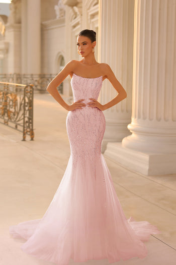 Prom Dresses Beaded Lace Long Formal Prom Dress Blush