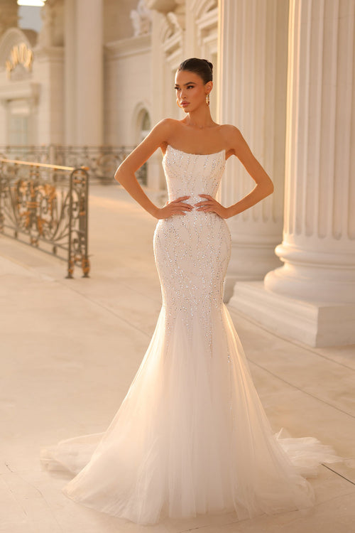 Tina Holly TK807 Prom Strapless Beaded Train Flowy Evening Lace Mesh Dress