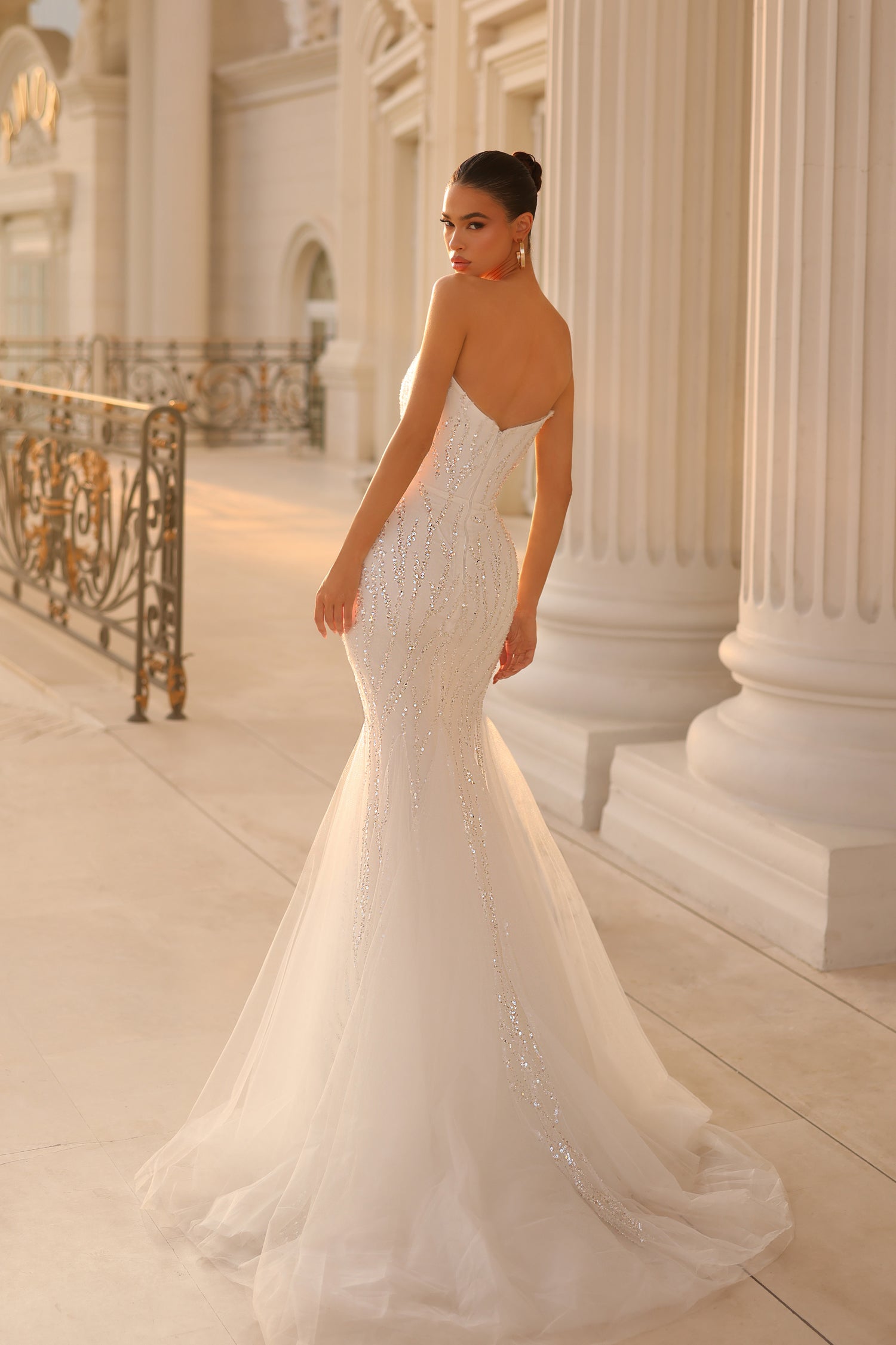 Tina Holly TK807 Prom Strapless Beaded Train Flowy Evening Lace Mesh Dress