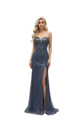 Strapless Sweetheart Beaded Sequin Prom Dress with Slit and Lace-Up Corset Back by Trevi TL3042C