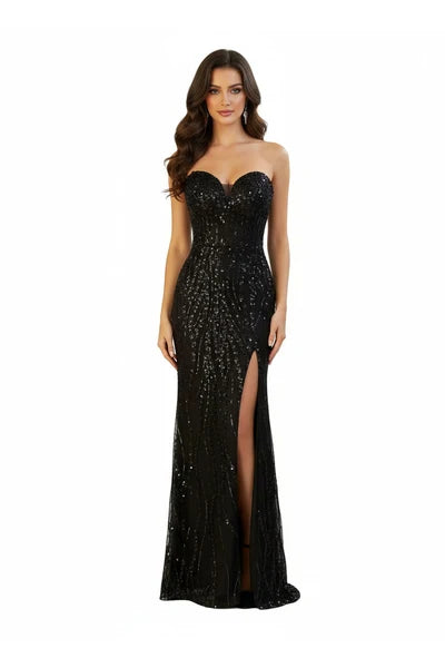 Strapless Sweetheart Beaded Sequin Prom Dress with Slit and Lace-Up Corset Back by Trevi TL3042C