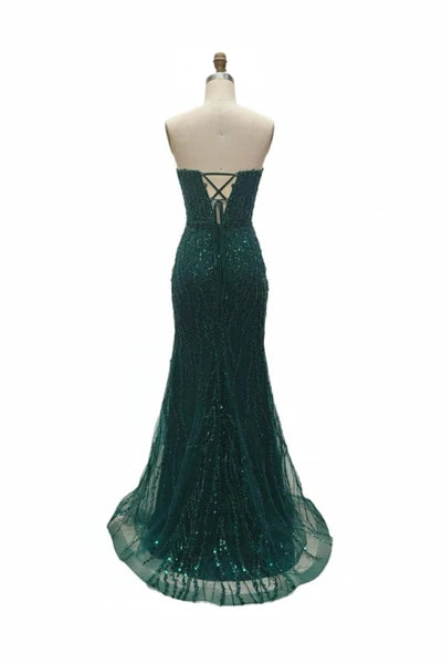 Strapless Sweetheart Beaded Sequin Prom Dress with Slit and Lace-Up Corset Back by Trevi TL3042C