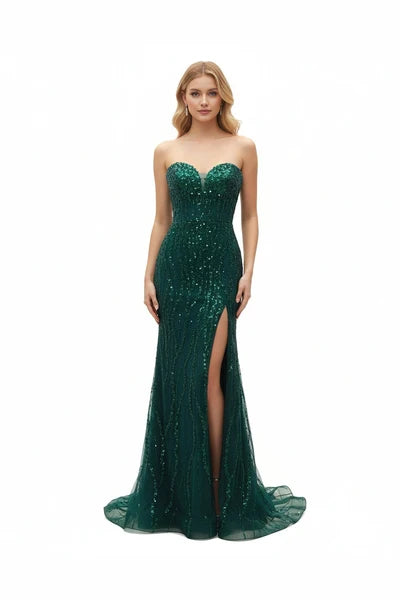 Strapless Sweetheart Beaded Sequin Prom Dress with Slit and Lace-Up Corset Back by Trevi TL3042C