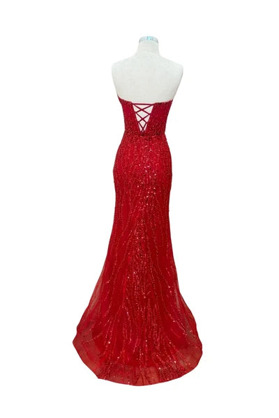 Strapless Sweetheart Beaded Sequin Prom Dress with Slit and Lace-Up Corset Back by Trevi TL3042C