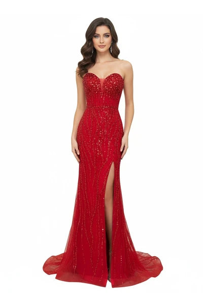 Strapless Sweetheart Beaded Sequin Prom Dress with Slit and Lace-Up Corset Back by Trevi TL3042C