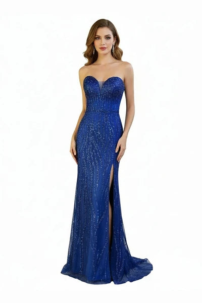 Strapless Sweetheart Beaded Sequin Prom Dress with Slit and Lace-Up Corset Back by Trevi TL3042C