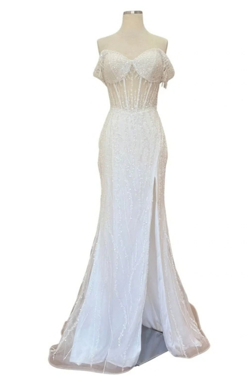 Off-White Off-Shoulder Beaded Corset Wedding Dress with High Slit & Sweep Train by Trevi TL3043C
