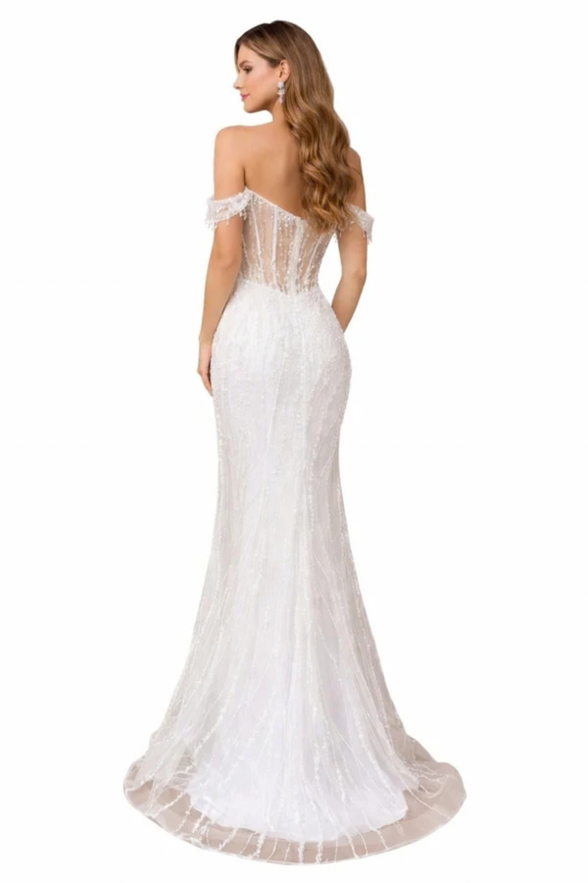 Off-White Off-Shoulder Beaded Corset Wedding Dress with High Slit & Sweep Train by Trevi TL3043C