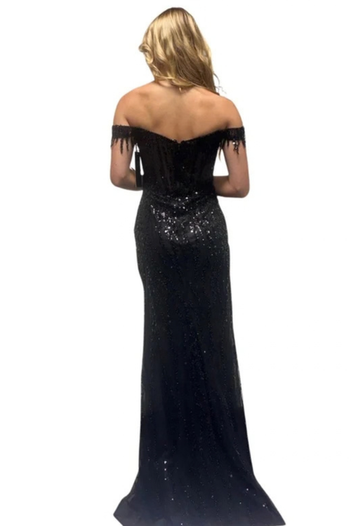 Off-Shoulder Beaded Sequin Prom Dress with Corset Bodice High Slit Evening Gown by Trevi TL3043C