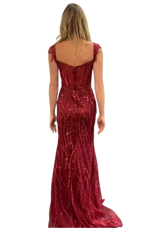 Off-Shoulder Beaded Sequin Prom Dress with Corset Bodice High Slit Evening Gown by Trevi TL3043C