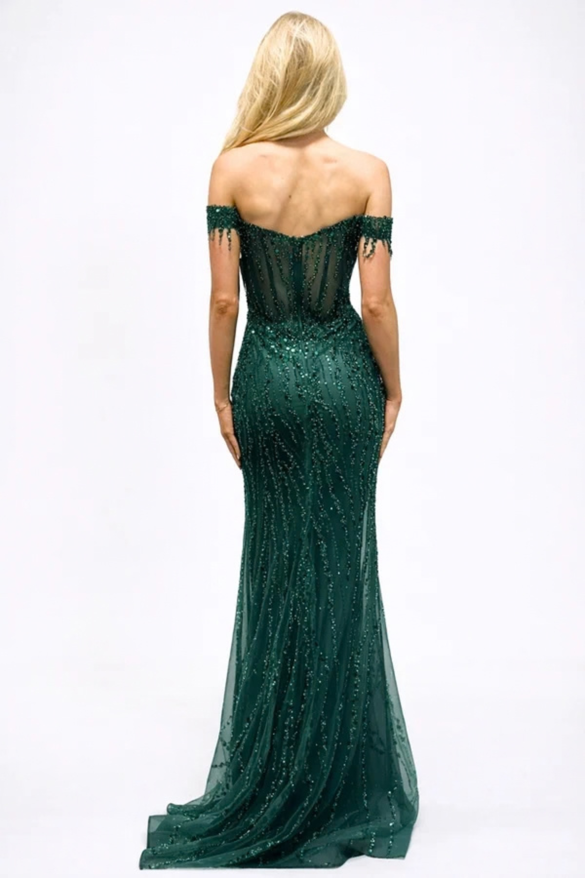 Off-Shoulder Beaded Sequin Prom Dress with Corset Bodice High Slit Evening Gown by Trevi TL3043C