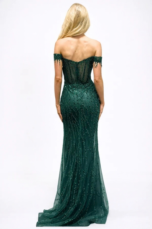 Off-Shoulder Beaded Sequin Prom Dress with Corset Bodice High Slit Evening Gown by Trevi TL3043C