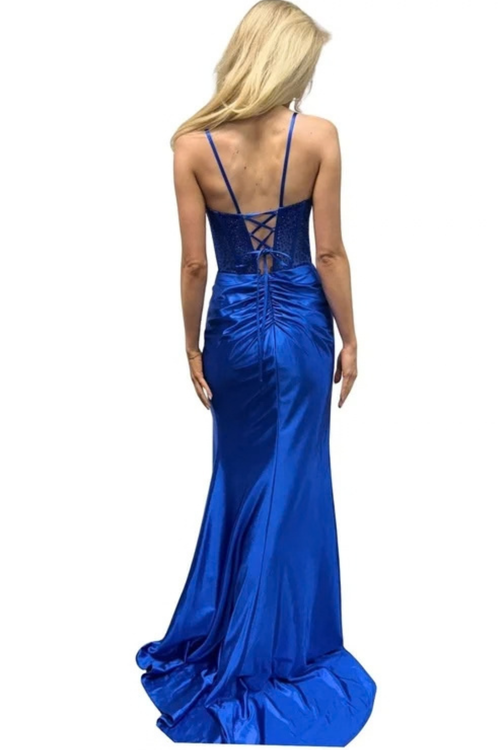 Sleeveless Beaded Corset Lace-Up Back Prom Dress with Sweep Train & Side Slit by Trevi TL3048L