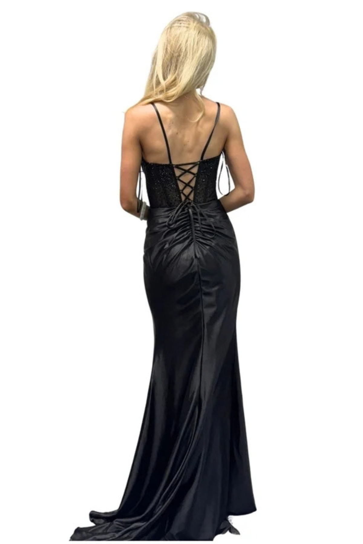 Sleeveless Beaded Corset Lace-Up Back Prom Dress with Sweep Train & Side Slit by Trevi TL3048L