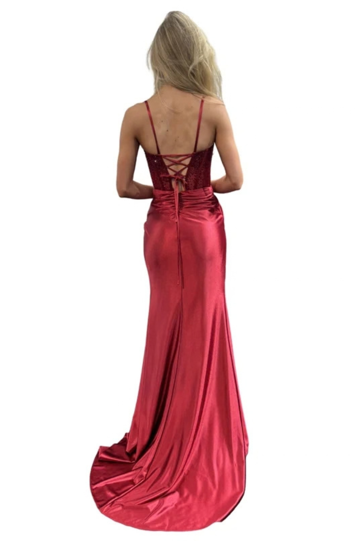 Sleeveless Beaded Corset Lace-Up Back Prom Dress with Sweep Train & Side Slit by Trevi TL3048L